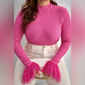 Fuzzy Cuff Mock Neck Sweater